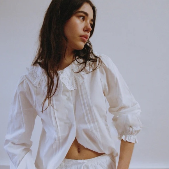 Many Many Clothes Tops - Delilah White Lace Bib Button Down Blouse